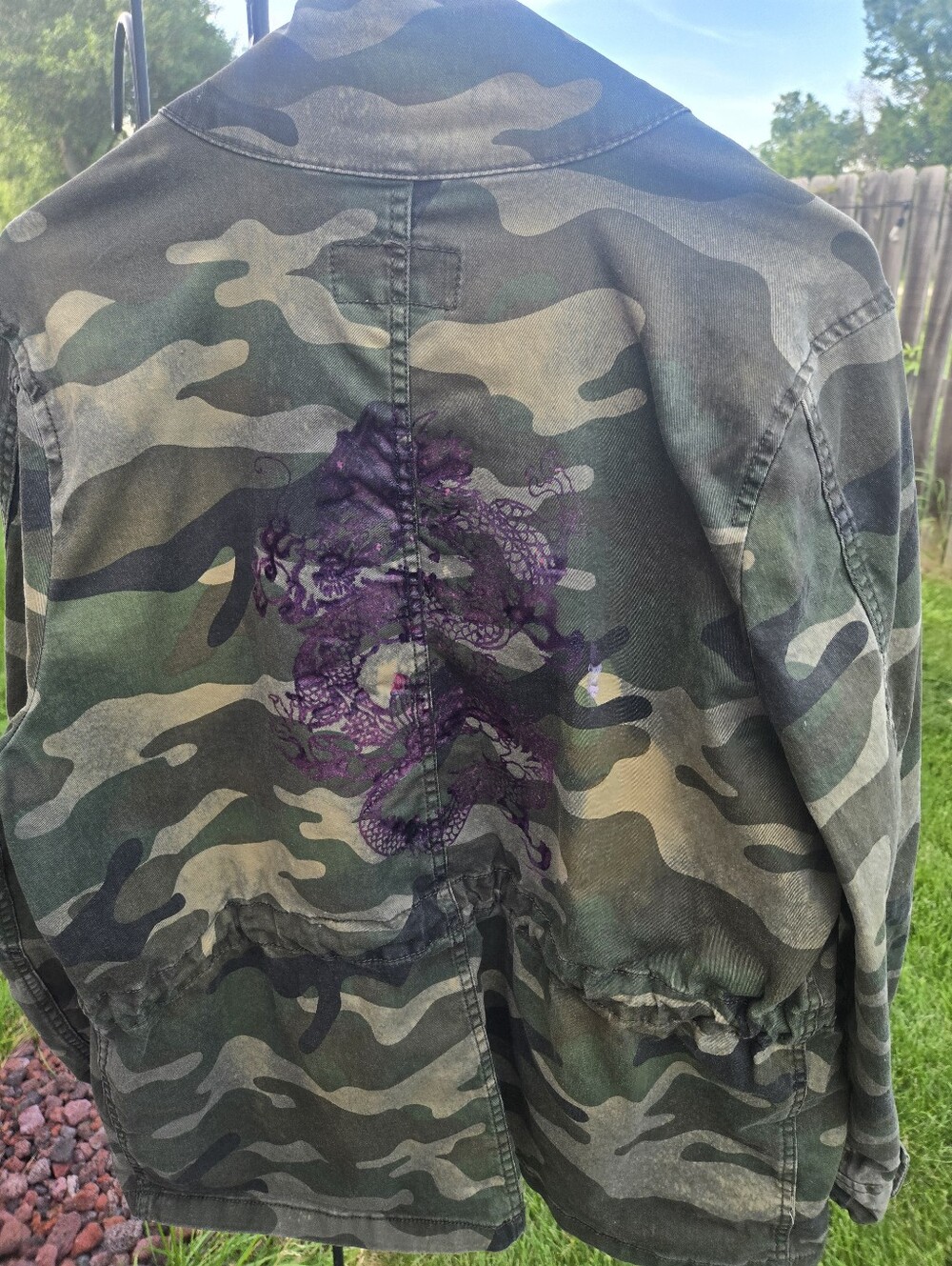 “Camouflage Dragon Jacket – Boho Streetwear Statement Piece, Artistic Upcycled - Picture 1 of 11